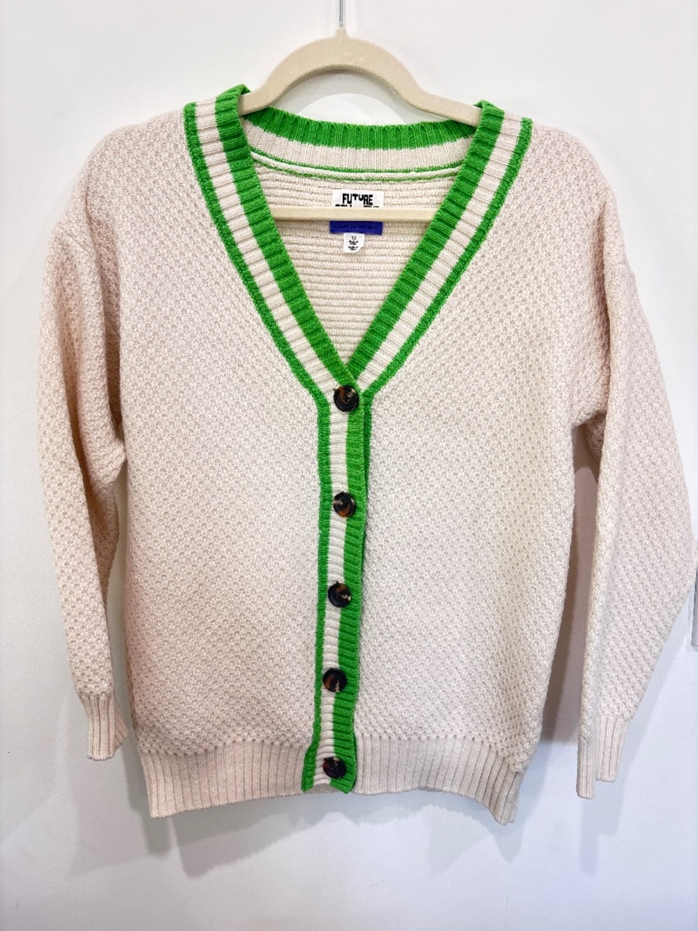 Future Collective x Kahlana Barfield Brown Varsity Cardigan XS Cream Green - Picture 1 of 4